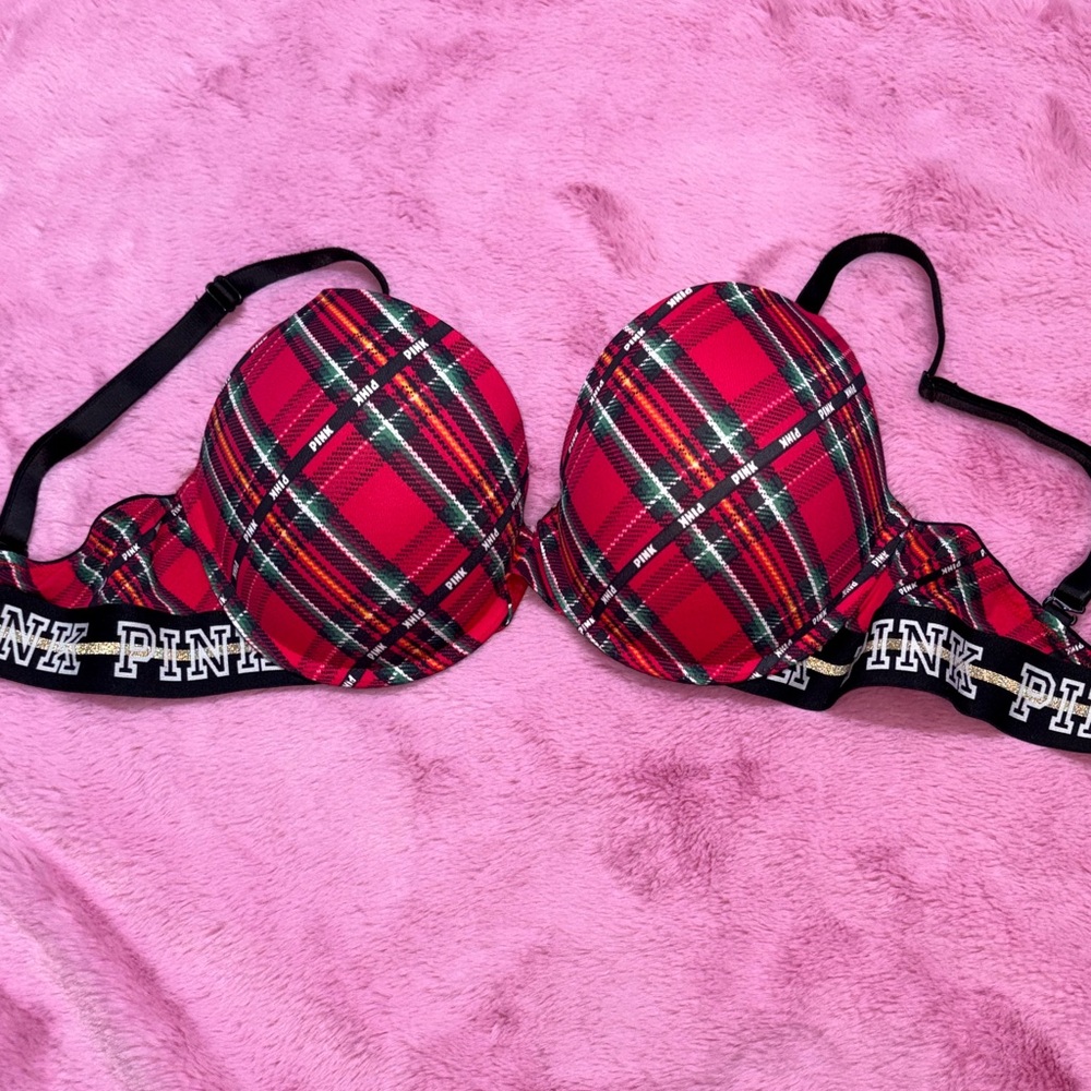 PINK Victoria's Secret Red and Green Plaid Wear Everywhere Push-up Bra